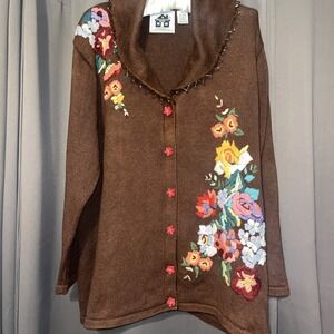 Storybook Knits Sweater Women's 2XL Brown Floral  Bead Sequin Ramie Cotton Heavy